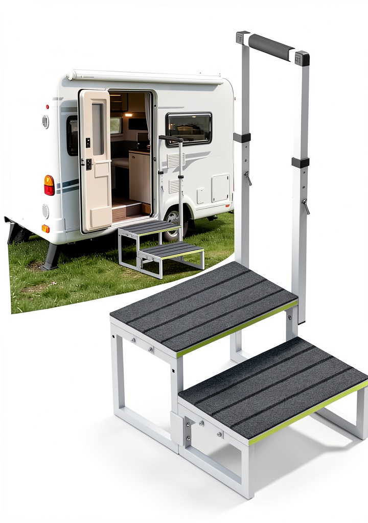 Depsunny aluminum RV step with handrail installed on an RV door