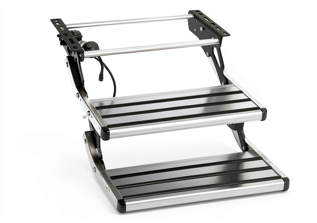 RVSNAIL electric folding RV steps installed on a silver RV door