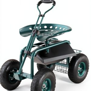 VEVOR Garden Cart Rolling Workseat with Wheels, Gardening Stool for Planting, 360 Degree Swivel Seat, Wagon Scooter with Steering Handle & Utility Tool Tray, Use for Patio, Yard, and Outdoors, Green-0