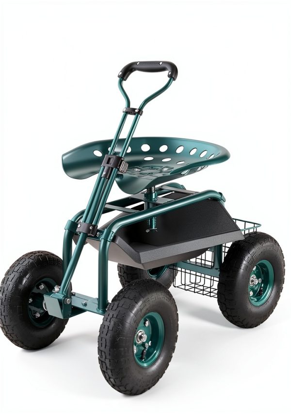 VEVOR Garden Cart Rolling Workseat with Wheels, Gardening Stool for Planting, 360 Degree Swivel Seat, Wagon Scooter with Steering Handle & Utility Tool Tray, Use for Patio, Yard, and Outdoors, Green-0