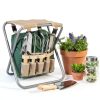 Pure Garden Folding Stool with Tool Bag and 5 Tools Tan Green Silver-7