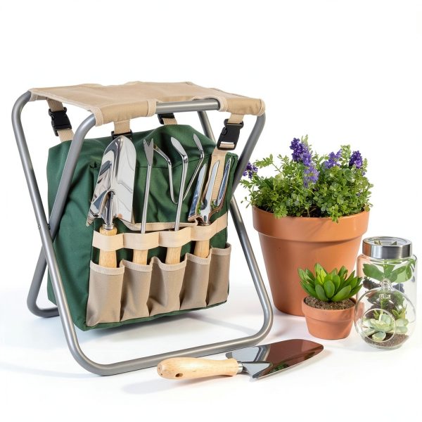 Pure Garden Folding Stool with Tool Bag and 5 Tools Tan Green Silver-7