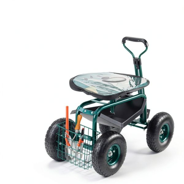VEVOR Garden Cart Rolling Workseat with Wheels, Gardening Stool for Planting, 360 Degree Swivel Seat, Wagon Scooter with Steering Handle & Utility Tool Tray, Use for Patio, Yard, and Outdoors, Green-7