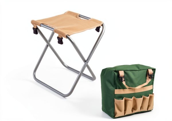 Pure Garden Folding Stool with Tool Bag and 5 Tools Tan Green Silver-1