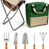 Pure Garden Folding Stool with Tool Bag and 5 Tools Tan Green Silver-9