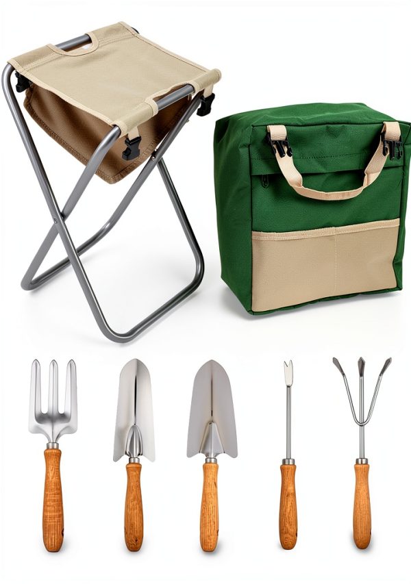 Pure Garden Folding Stool with Tool Bag and 5 Tools Tan Green Silver-9