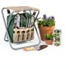 Pure Garden Folding Stool with Tool Bag and 5 Tools Tan Green Silver-2