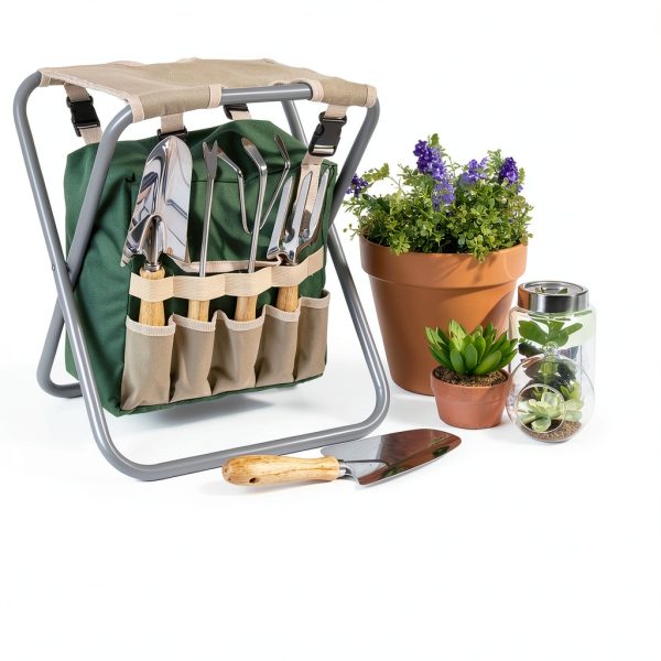 Pure Garden Folding Stool with Tool Bag and 5 Tools Tan Green Silver-2