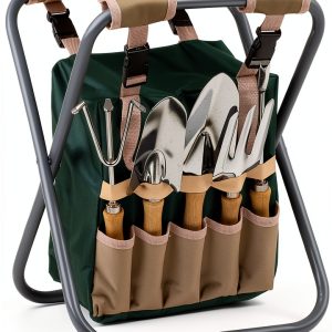 Pure Garden Folding Stool with Tool Bag and 5 Tools Tan Green Silver-0