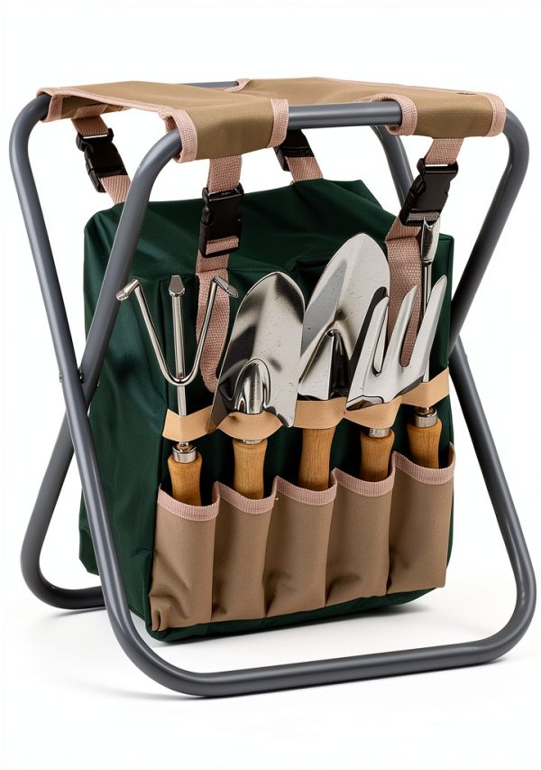 Pure Garden Folding Stool with Tool Bag and 5 Tools Tan Green Silver-0