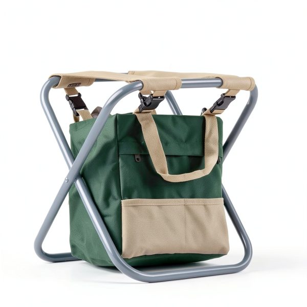 Pure Garden Folding Stool with Tool Bag and 5 Tools Tan Green Silver-4