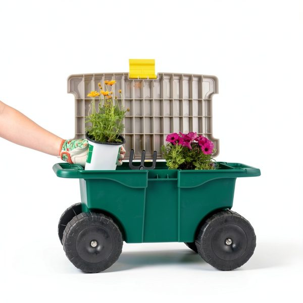 Rolling Garden Cart with Seat - Plastic Storage Bench by Pure Garden-3