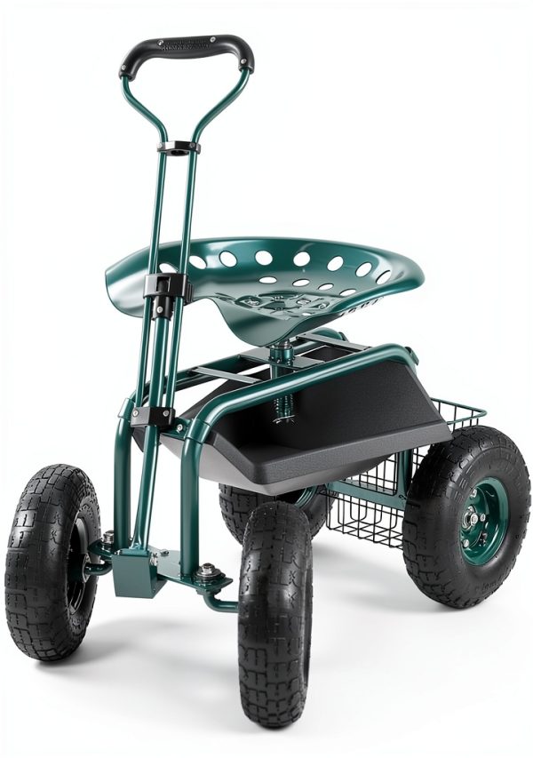 VEVOR Garden Cart Rolling Workseat with Wheels, Gardening Stool for Planting, 360 Degree Swivel Seat, Wagon Scooter with Steering Handle & Utility Tool Tray, Use for Patio, Yard, and Outdoors, Green-9