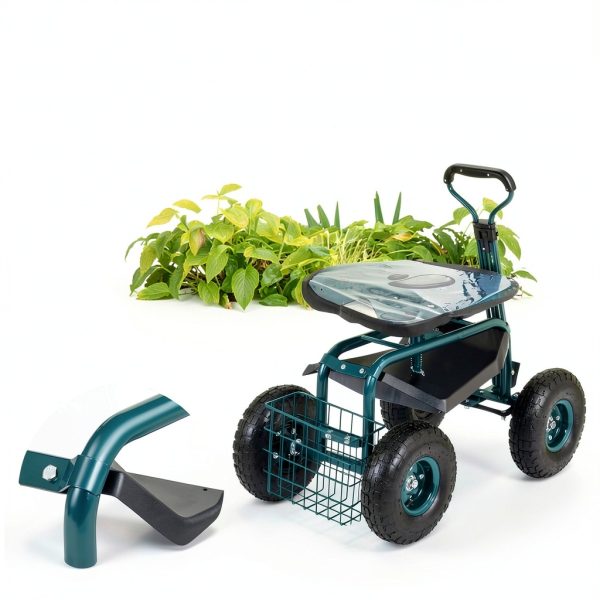 VEVOR Garden Cart Rolling Workseat with Wheels, Gardening Stool for Planting, 360 Degree Swivel Seat, Wagon Scooter with Steering Handle & Utility Tool Tray, Use for Patio, Yard, and Outdoors, Green-5
