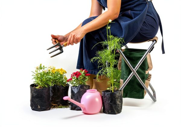 Pure Garden Folding Stool with Tool Bag and 5 Tools Tan Green Silver-3