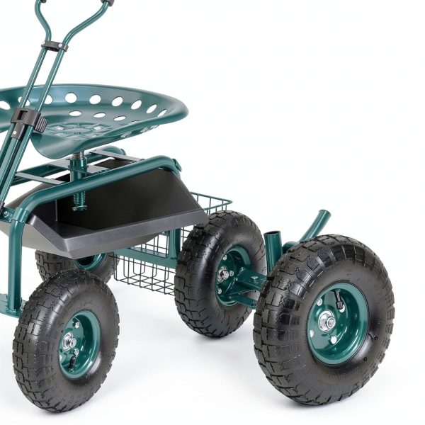 VEVOR Garden Cart Rolling Workseat with Wheels, Gardening Stool for Planting, 360 Degree Swivel Seat, Wagon Scooter with Steering Handle & Utility Tool Tray, Use for Patio, Yard, and Outdoors, Green-3