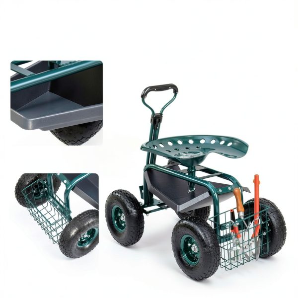 VEVOR Garden Cart Rolling Workseat with Wheels, Gardening Stool for Planting, 360 Degree Swivel Seat, Wagon Scooter with Steering Handle & Utility Tool Tray, Use for Patio, Yard, and Outdoors, Green-4